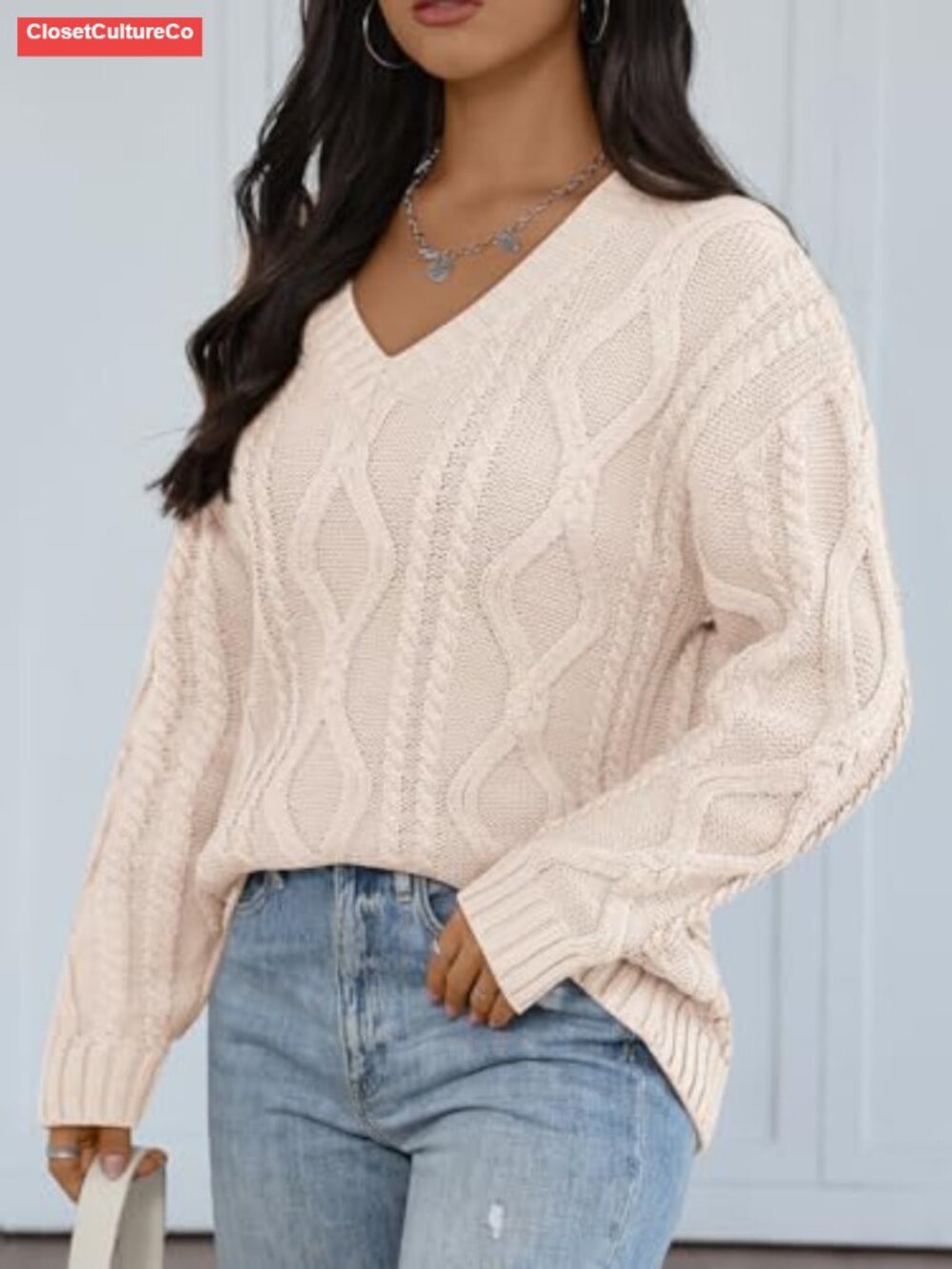 Womens V Neck Cable Knit Oversized Pullover Sweater Cotton Acrylic - Picture 2 of 5